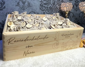 Gepersonaliseerde Ramadan-kalenderdoos, Ramadan-kalender, Moskee, Islam, Gepersonaliseerd met gewenste naam, Individueel ontworpen, Houten, Mubarak, Naam, Cadeau