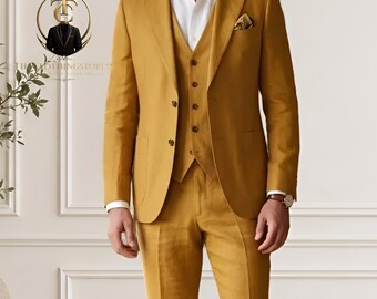 Mustard Linen Suit Men 3 Piece, Custom Made Wedding coat, Golden Tuxedo,  Groomsmen Suit,