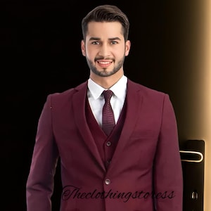 Burgundy 3 Piece Suit: Costum Tailored Fit Wedding Groomsmen Attire prom suit, Formal wear