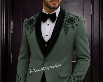 Men's sage green Embroidery Three piece Suit: Wedding Party Formalwear bespoke jacket, Groomsmen suit