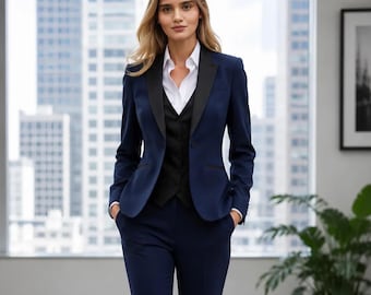 3-teiliger Damen-Hosenanzug, dunkelblauer 3-teiliger Hosenanzug, formeller Business-Anzug, Büro-Blazer-Hochzeitskleidung