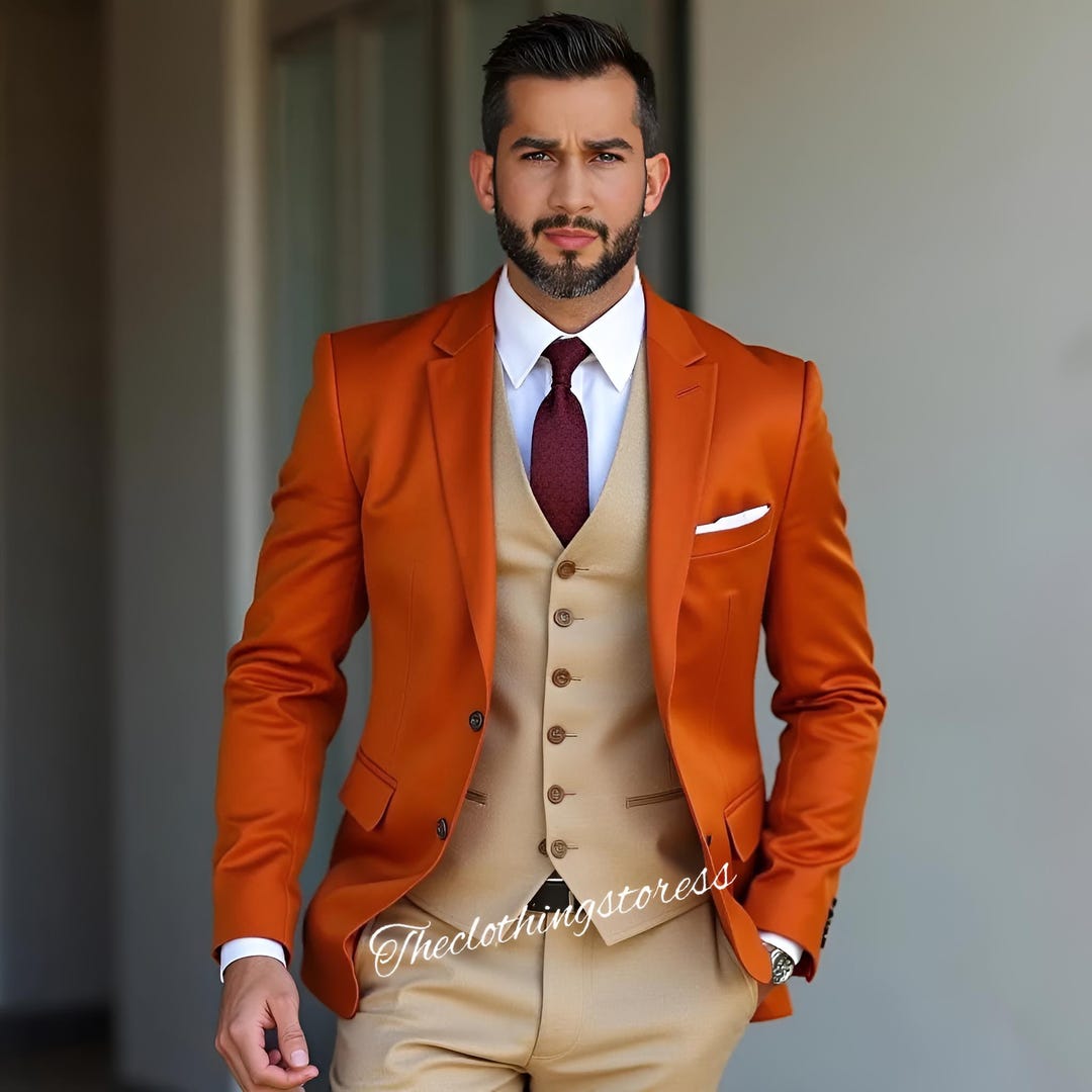 Tailored Fit Three Piece Suit: Orange Jacket, Beige Trousers