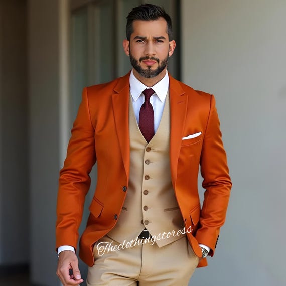 orange color combination dress for men Orange Cotton Mens Suit, Fashion Party Outfit