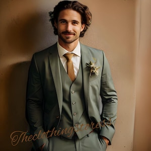 Olive Green Suit: Men&#39;s Wedding Bespoke Tailored Fit, formal wear suit Groomsmen suits