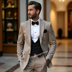 Men&#39;s Beige Three Piece Suit: Terry Rayon wedding Attire