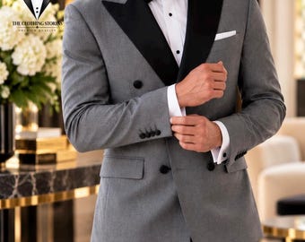 Men’s Grey Tuxedo Suit, Black Peak Lapel Wedding Outfit, Double Breasted Groom Suit, Formalwear