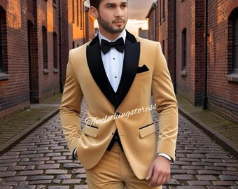 Men's gold velvet Three piece Suit: Tailored Fit Wedding Party Formalwear bespoke jacket, Groomsmen
