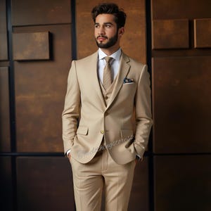 Men&#39;s beige three piece suits , grooms men suit, outfit wedding bespoke, Parties Groomsmen Suit, Wedding Attire tailored fit
