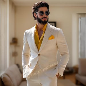 Men&#39;s cream linen 2 piece suit, wedding attire formal suits,tailored fit suit, custom suits, groomsmen suits, mens summer suits