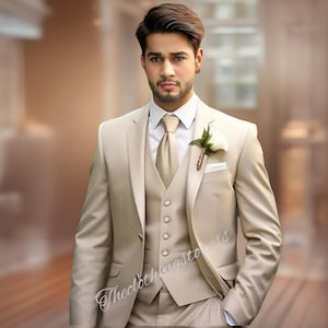 Men&#39;s premium cream three piece suits , grooms men suit, outfit wedding bespoke, Parties Groomsmen Suit, Wedding Attire tailored fit