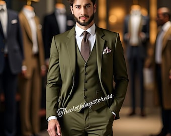 オリーブグリーンのスリーピーススーツ：男性の結婚式の新郎用ウェア