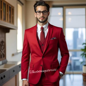 Men&#39;s Red three piece suits , grooms men suit, outfit wedding bespoke, Parties Groomsmen Suit, Wedding Attire tailored fit