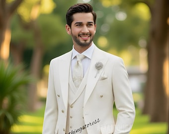 Men's Ivory Three Piece Suit: Tailored slim Fit Bespoke Wedding Suit,