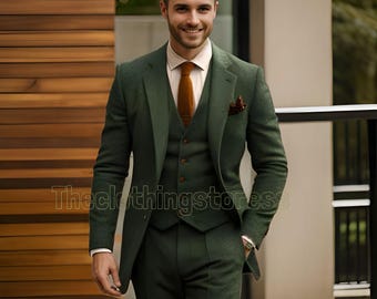 1920年代のメンズレトログリーンウールスーツ。ツイードウール3ピース