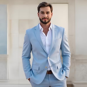 Sky Blue Two-Piece Suit: Tailored Fit Wedding Suit Groomsmen formal wear outfit
