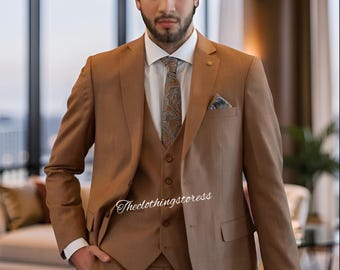 Terno masculino de 3 peças, corte slim, cor marrom camelo | Conjunto elegante para casamento com blazer, colete e calça