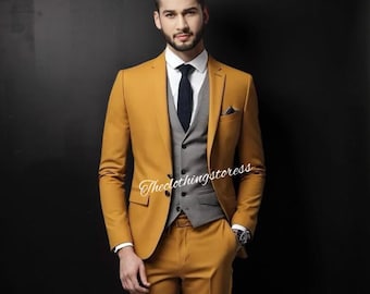 Men's Mustard Three piece Suit: Tailored Fit Wedding Party Formalwear bespoke jacket