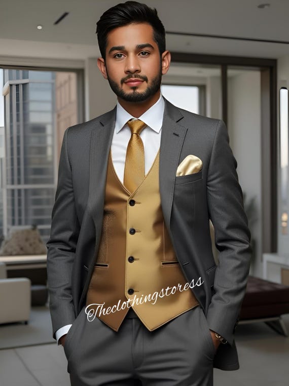 slim fit dress slacks Kent & Park Men's Gray & Gold Plaid Classic Fit Three Piece Suit with – The  Suit Depot main image 0