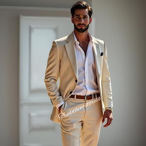 Beige pak heren: bruidsjonkers en feestkleding slim-fit trouwkostuum