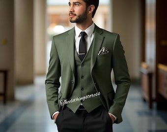 Salbeigrüner dreiteiliger Herrenanzug: Maßgeschneiderter Slim Fit Hochzeitsanzug,
