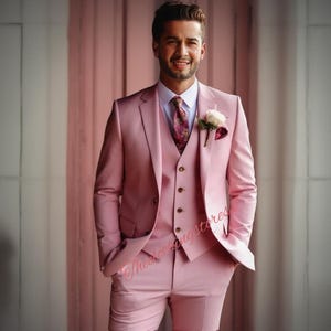 Men&#39;s baby pink three piece suits , grooms men suit, outfit wedding bespoke, Parties Groomsmen Suit, Wedding Attire tailored fit