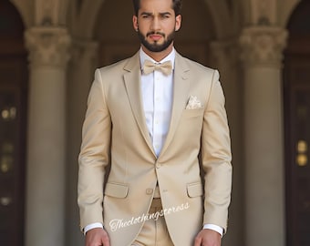 Traje beige de dos piezas para hombre: Traje de boda, traje formal, moderno, corte a medida.