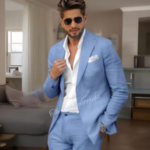 Men&#39;s linen sky blue two piece suit,wedding attire formal suits tailored fit suit custom suits, groomsmen suits, tuxedo suit