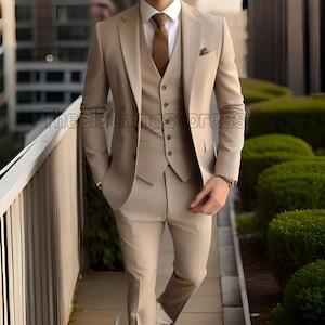 Men Beige 3 piece suit , wedding Parties Groomsmen Suit, Wedding Attire tailored fit formal suits dinner suits groom wear suit