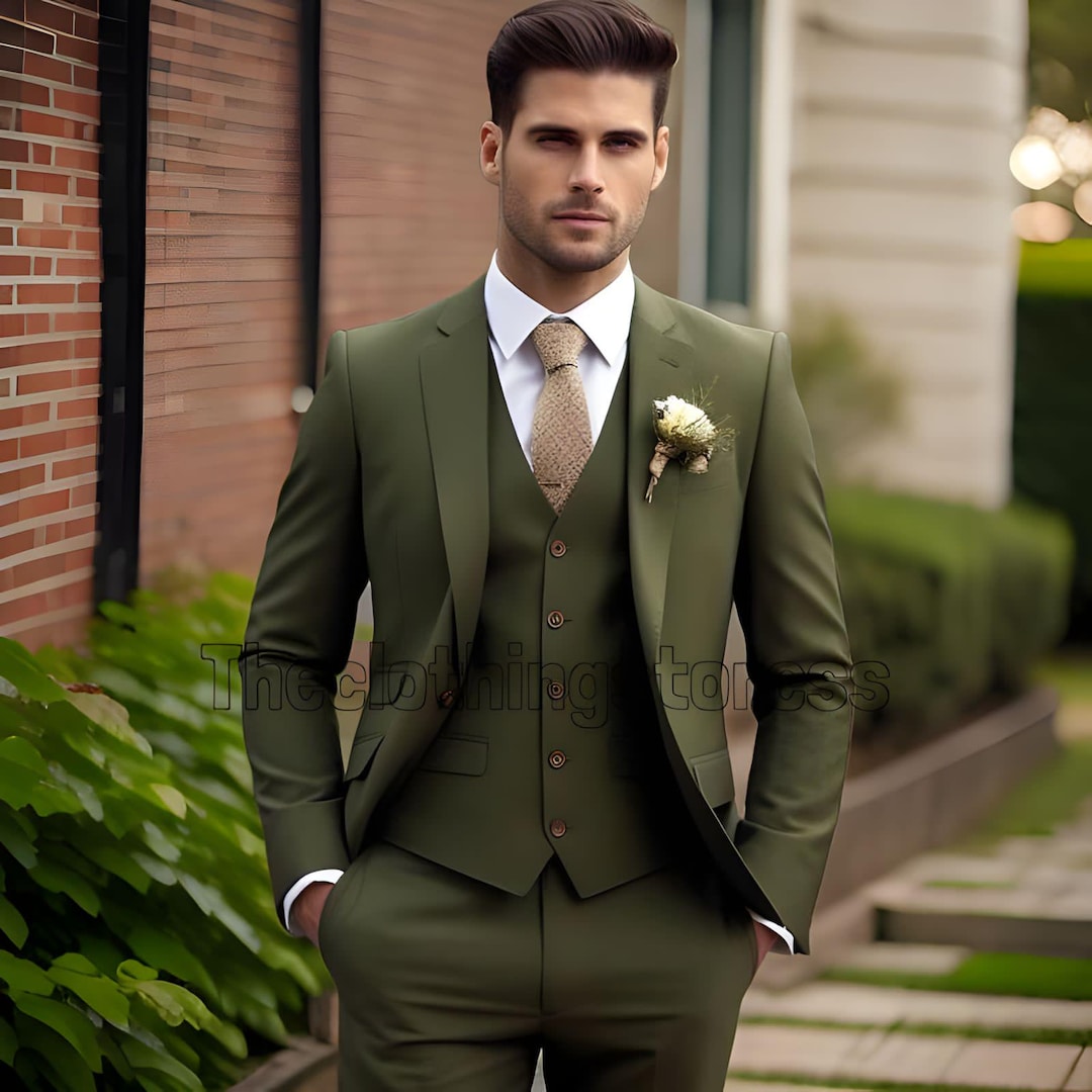 Olive Green Three ~ 3 Buttons Super 150's main image 1