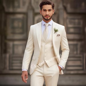 Men&#39;s premium ivory three piece suits , grooms men suit, outfit wedding bespoke, Parties Groomsmen Suit, Wedding Attire tailored fit