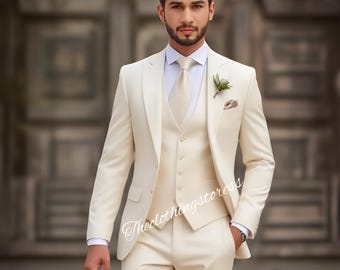 Men's Ivory Three Piece Suit, Wedding Groom Bespoke Outfit