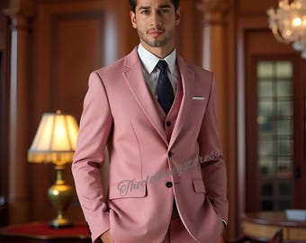 Men's Pink Three-Piece Suit: Bespoke Wedding Groomsmen Parties Wear slim fit suit