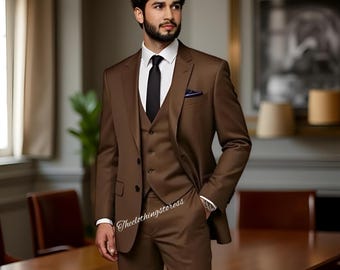May include: A three-piece brown suit with a white dress shirt and black tie. The suit includes a jacket, vest, and trousers. A pocket square adds a touch of detail. The text "Theclothingstoreess" is visible on the suit.