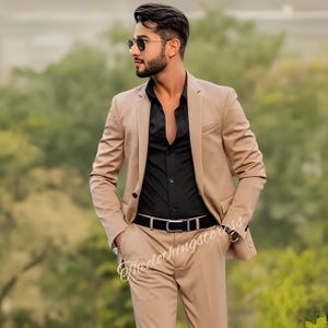 Men&#39;s Beige Tailored Fit Suit: 2-Piece Wedding Bespoke Formal Wear suit