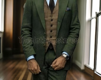 1920年代のメンズレトログリーンウールスーツ。ツイードウール3ピース