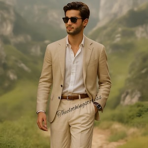 Men&#39;s  cream linen 2 piece suit, wedding attire formal suits,tailored fit suit custom suits, groomsmen suits, mens summer suits