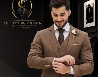 Mens Brown Slim Fit 3 Piece Suit | Elegant Wedding Blazer Vest Pant Set Groomsmen,