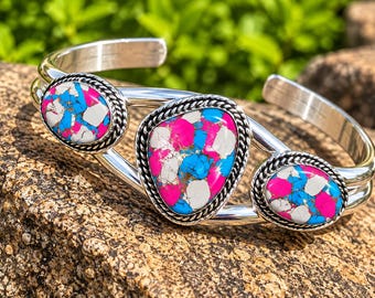 Brazalete Cotton Candy Copper Turquoise, brazalete de plata 925, pulsera de piedras preciosas rosas y azules, brazalete estilo boho, brazalete ajustable, regalo para ella.