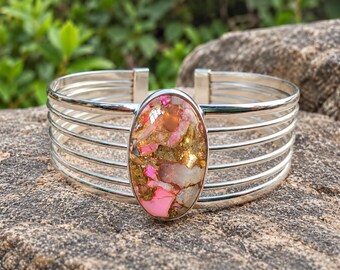 Brazalete de ópalo etíope, brazalete de cobre turquesa, pulsera abierta estilo boho de plata de ley 925, joyería artesanal hecha a mano.