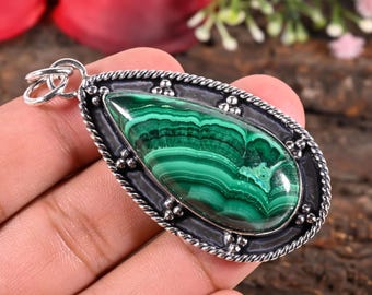 Collier en malachite, pendentif en véritable malachite verte, bijou minimaliste en pierre précieuse, collier en argent sterling et cristal, cadeau pour elle