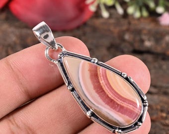 Pendentif en argent avec pierres précieuses naturelles de rhodochrosite - Collier de pierres précieuses naturelles pour lui offrir