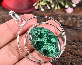 Collier en malachite, pendentif en véritable malachite verte, bijou minimaliste en pierre précieuse, collier en argent sterling et cristal, cadeau pour elle