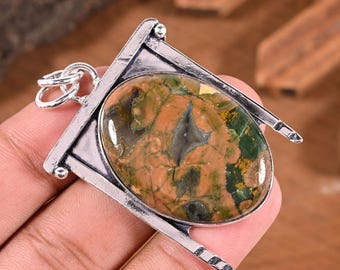 Handmade Rhyolite Rainforest Jasper Pendant: 925  Silver Gemstone Jewelry Gift For Her