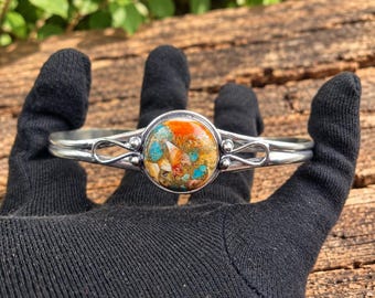Brazalete de ostra espinosa, brazalete de cobre turquesa, brazalete de plata 925, brazalete abierto de piedras preciosas hecho a mano, joyería llamativa estilo bohemio, regalo para ella.