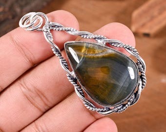 Natural Tiger's Eye Teardrop Pendant, Handmade 925  Silver  Boho Gemstone Jewelry Gift for Her