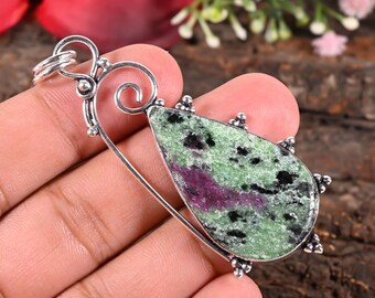 Pendentif en argent avec rubis et zoisite naturels – Collier avec pierres précieuses naturelles pour lui offrir