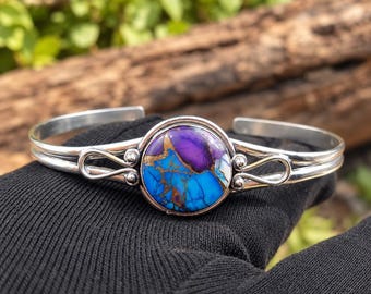 Brazalete Dahlia Azul Hielo, Brazalete de Turquesa de Cobre, Brazalete de Plata 925, Pulsera de Brazalete Abierto con Piedras Preciosas Hecha a Mano, Joyería Boho Llamativa, Regalo para Ella