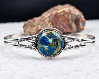 Brazalete de apatita azul, brazalete de cobre turquesa, brazalete de plata 925, pulsera abierta de piedras preciosas hecha a mano, joyería llamativa estilo bohemio, regalo para ella.
