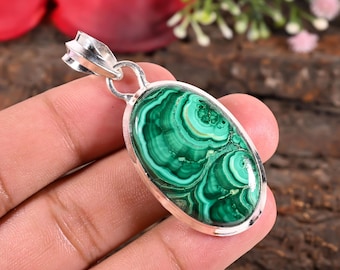 Pendentif en argent avec pierres précieuses en malachite naturelle - Collier en pierres précieuses naturelles pour lui offrir
