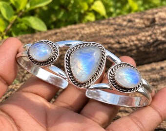 Brazalete de piedra lunar arcoíris, brazalete de plata 925, pulsera ajustable de piedra lunar, brazalete llamativo estilo boho, brazalete minimalista, regalo para ella.
